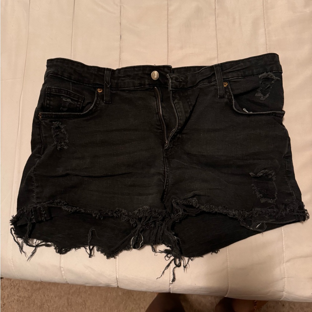 H&M Black Jean Shorts with Distressed Frayed Hem